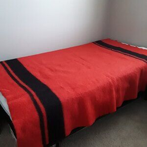 Vintage red wool blanket with black stripe 4 point